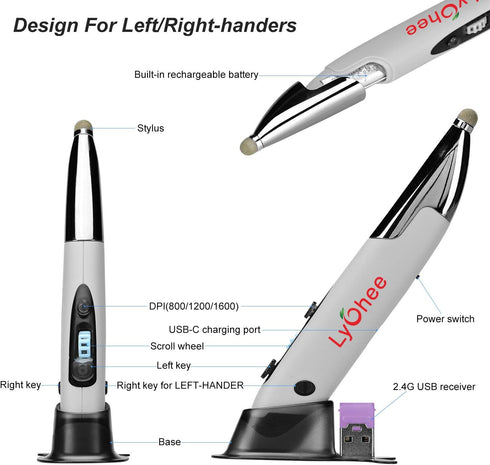 lychee Pocket Pen Mouse, Rechargeable Optical Ergonomic Mouse with Bluetooth and Stylus Function, Grey