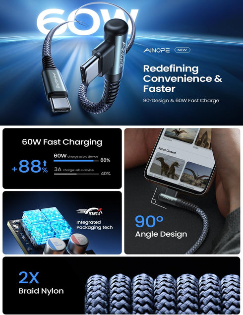 AINOPE USB C Cable, 60W 2-Pack 6.6ft USB C to USB C Cable Type C to Type C Charger Fast Charging Right Angle Nylon USBC to USBC Cable for iPhone 15 Pro Max Plus Samsung S24 Note 20 iPad Pro Air 11 13 by AINOPE