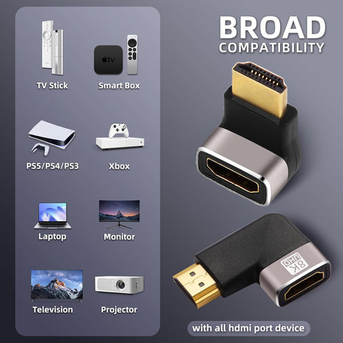 AIMHDUTY 8K 4-Pack 90 270 8K@60Hz,4K@120Hz,HDR,eARC HDMI Eblow HDMI Right Angle Adapter and Degree Gold Plated, Support