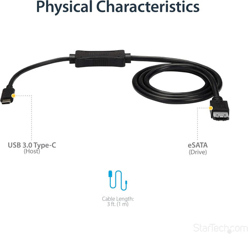 StarTech.com USB C to eSATA Cable, 3 ft, 5Gbp for HDD/SSD/ODD, USB 3.0 to eSATA Converter