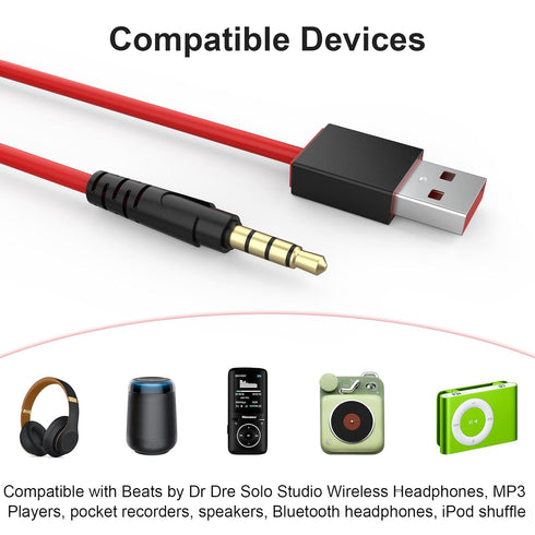 USB to 3.5mm Headphones Charging Cable Cord Compatible with Beats by Dr Dre Solo Studio Wireless Headphones, MP3 Player, iPod Shuffle, Speakers, Voice Recorder