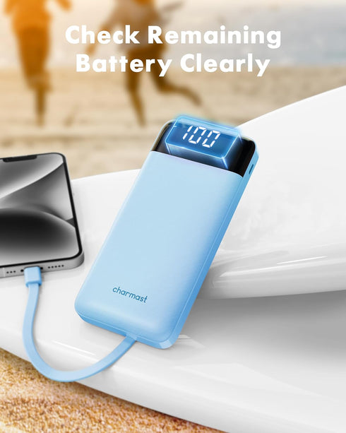 Portable Charger with Built-in Cables, 10000mAh Slim Travel Battery Pack, 6 Outputs, 3 Inputs, 3A Fast Charging for