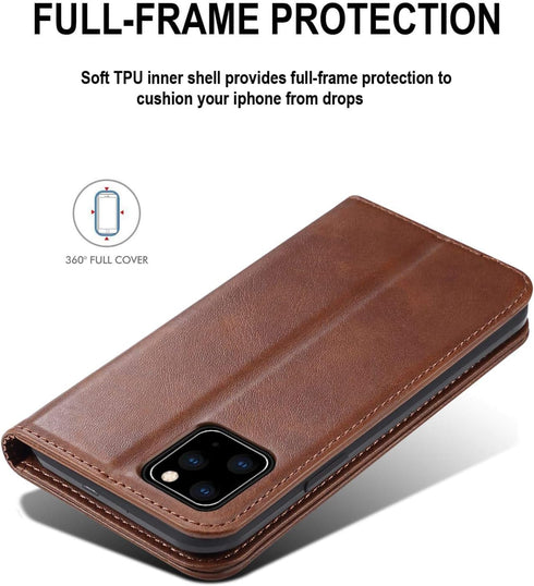 SINIANL iPhone 12 Case, Leather Wallet Case with Card Holder, Magnetic Closure Flip Cover, Brown