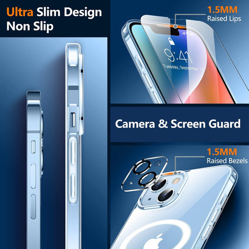 SPIDERCASE iPhone 14/15 Case - Slim, Clear, 15 FT Military Grade Drop Protection + 2 Pack Tempered Glass & Camera Lens