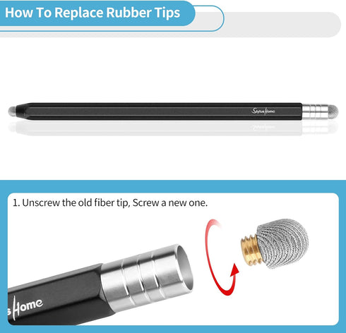 StylusHome 2 Pcs High Sensitivity Stylus for Touch Screens, 2 in 1 Fiber Tips with 8 Extra Replaceable Tips, Black &