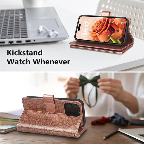 Varikke Wallet Case for iPhone 13 Pro Max, Fashion Glitter PU Leather Strap, Magnetic Flip Cover, Rose Gold