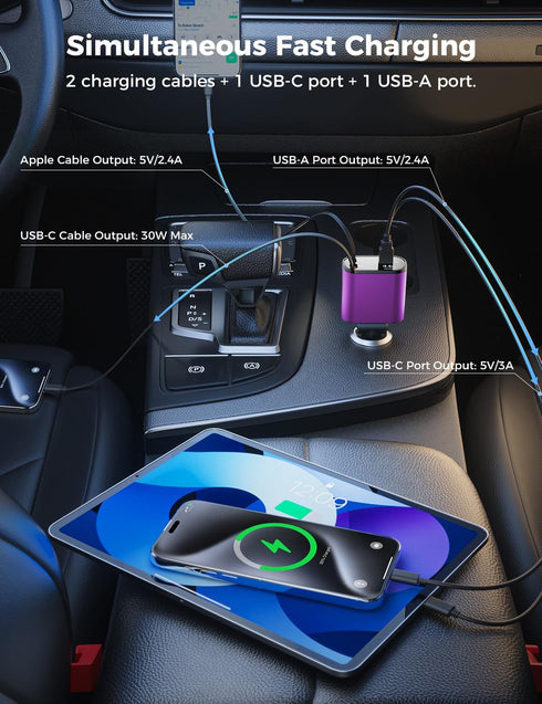 ?Upgraded?SUPERONE 4 in 1 Retractable Car Charger, Fast Car Phone Charger with 2.6ft Cord for iPhone 15/15 Pro