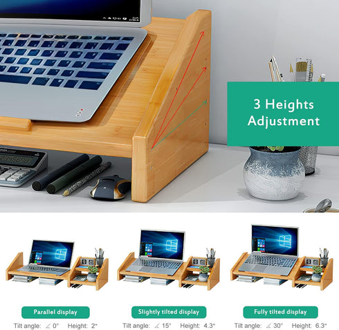 Ufine Bamboo Laptop Stand for Desk, Adjustable 3 Heights Notebook Stand with 2 Tier Storage Shelf, Home Office Organizer
