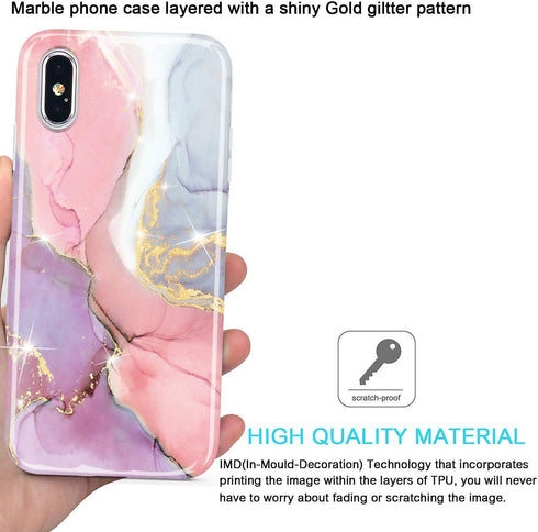 JIAXIUFEN Compatible iPhone X iPhone Xs Case, Gold Sparkle Glitter Marble Slim Shockproof TPU Cover, Pink Purple.