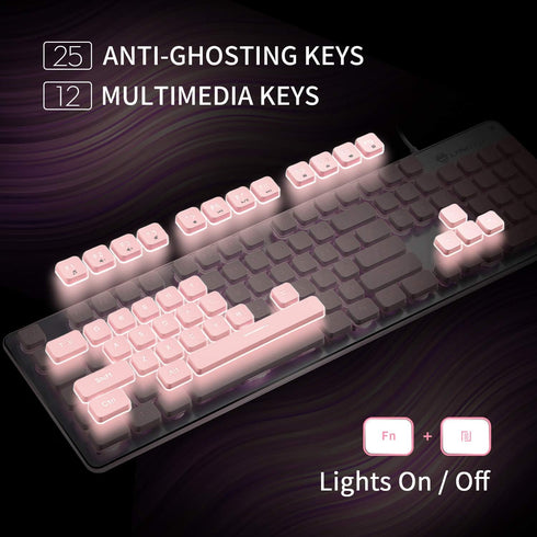 LANGTU Computer Keyboard, Backlit LED Pink Keyboard for Office, All-Metal Panel USB Wired Membrane Keyboard, 25 Keys