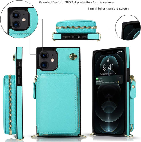 Asuwish iPhone 13 Mini Case - Mint Green Wallet Cover with Zipper, Screen Protector & Card Holder Slot, Leather Stand.
