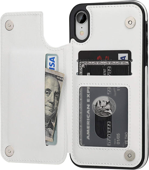 iPhone XR Wallet Case with Card Holder, Premium PU Leather Kickstand, Double Magnetic Clasp, Shockproof Cover (White)