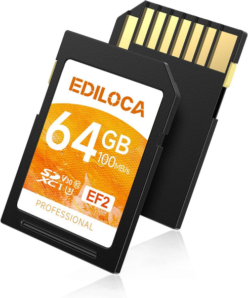 EF2_64GB UHS-I SD Card, Fast Storage Memory Card, Read Speed 100MB/s, Write Speed 50MB/s, C10, U3, V30, Full-HD & 4K
