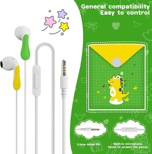 QearFun Dinosaur Style Earbuds for Kids, Wired Heavy Bass Headphones with Microphone, Noise Isolating Gifts for School
