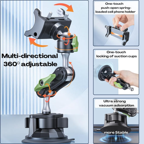 Tmengdao 360 Suction Cup Phone Mount, Ultra-Stable Phone Holder for Vlog Shooting, Rotation for Windshield, Roof Glass