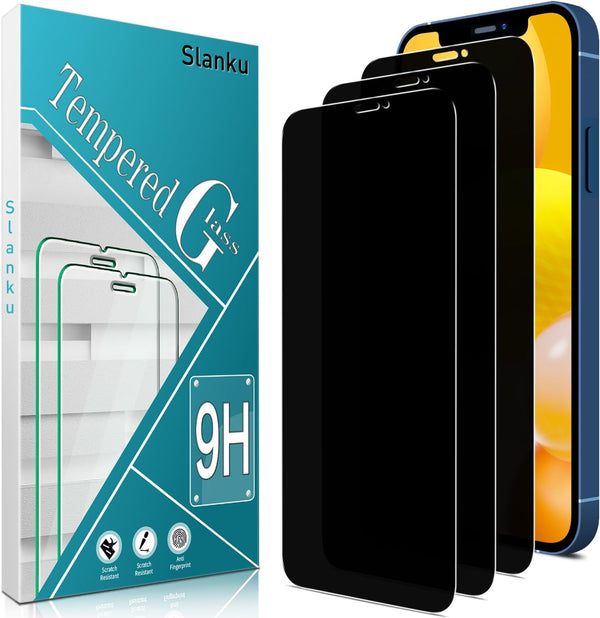 Slanku 3 Pack Privacy Screen Protector for iPhone 12, 12 Pro - Anti-Spy, Full Coverage, Tempered Glass, Case Friendly.
