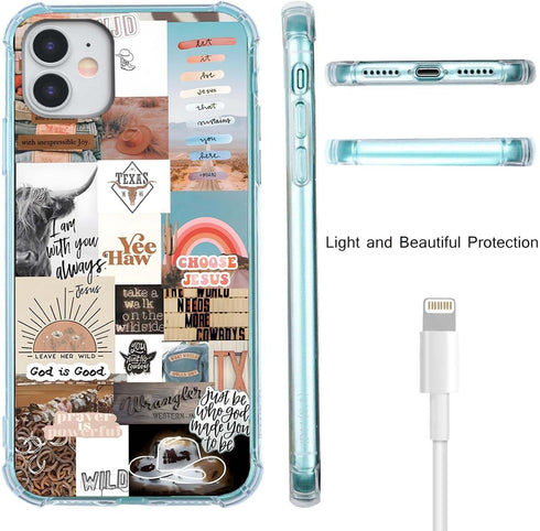Jesus and Cowboy Case for iPhone 11, Christian Quotes and Western Collage Trendy TPU Bumper for Men Women