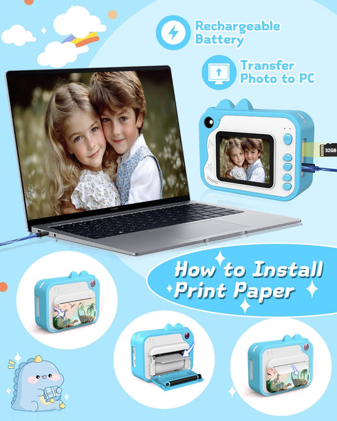 Kids Instant Print Camera, 1080p Ink Free Printing Dinosaur Camera for Ages 3-12, Christmas Birthday Gifts, Blue