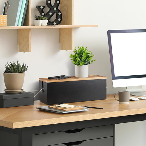 Large Cable Management Box, Wooden Cord Organizer for Under Desk, Hides Extension Cords, Power Stripes, Black