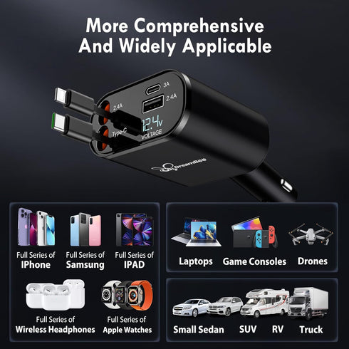 Retractable Car Charger, 66W 4 in 1 Super Fast Charge Adapter, 31.5 inch Cables, 2 USB Ports for iPhone 15/14/13