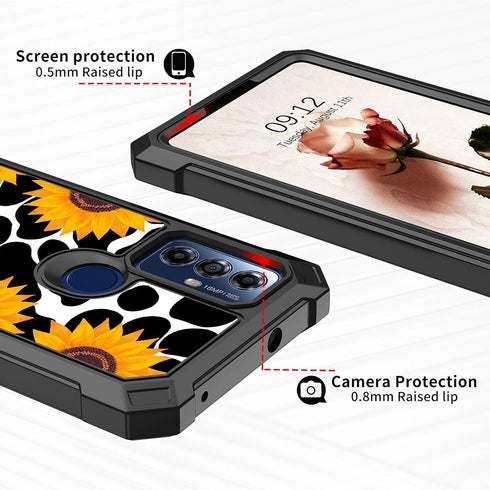 Shop Motorola Moto G Play 2023 Case with Glass Screen Protector, Heavy Duty PC & TPU, Shockproof - Cow Print Sunflowers.