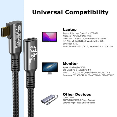 USB C 4 Extension Cable with Thunderbolt 4, 240W Charging, 40 Gbps Data Cable for Hub, Dock