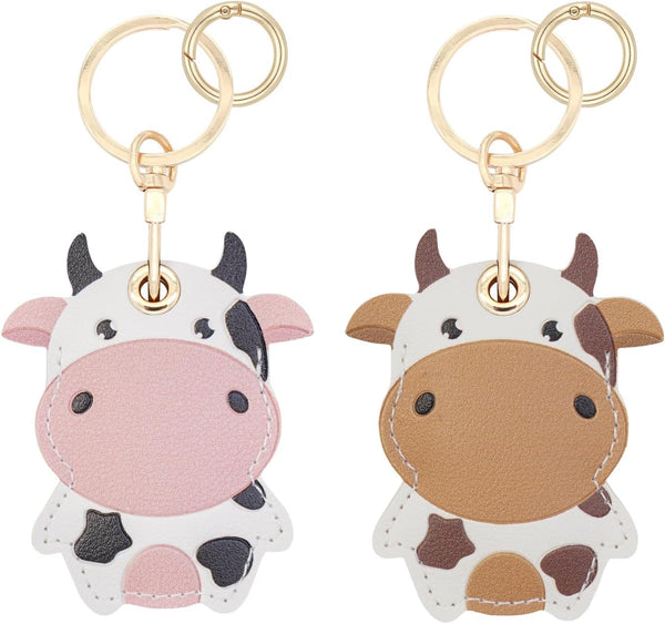 2 Pack Cute Cow Airtag Leather Keychain Holder Case, Kawaii Cow Key Ring Cover for Apple Airtag