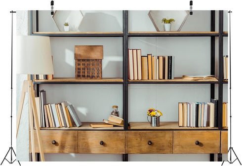 BELECO 7x5ft Fabric Living Room Bookshelf Backdrop Empty Room with Bookcase, Zoom Calls Video Recording Background Home