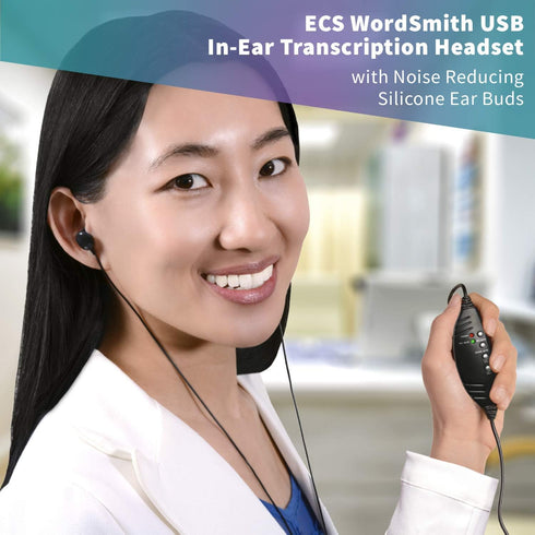 ECS WordSmith USB Transcription Headset, 7-Foot Cord, In-Ear Ear Bud with Silicone Tips, Medical & Legal Dictation