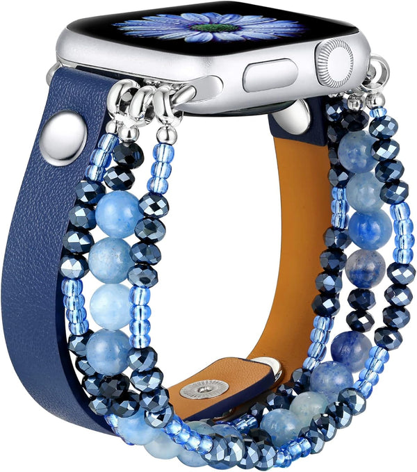 fastgo Leather Bracelet Band Compatible with Apple Watch 38mm 40mm 41mm, Dressy Elastic Beaded Jewelry Strap (Blue)