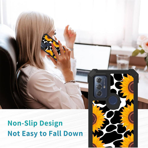 Shop Motorola Moto G Play 2023 Case with Glass Screen Protector, Heavy Duty PC & TPU, Shockproof - Cow Print Sunflowers.