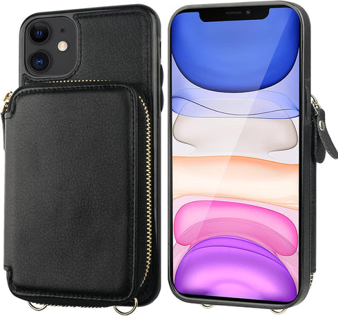 Bocasal RFID Blocking Wallet Case for iPhone 11 - Black, Adjustable Crossbody Zipper Purse Case with Detachable Wrist
