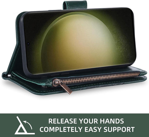Asuwish Wallet Case for Samsung Galaxy S23 Ultra 5G - Dark Green, 6.8" with Tempered Glass Protector & Flip Card Holder.