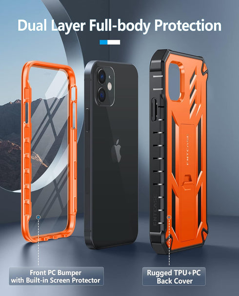 FNTCASE iPhone 12 Pro Case: Rugged Military Grade Drop Proof Cover with Kickstand, Matte Textured TPU, 6.1" - Orange