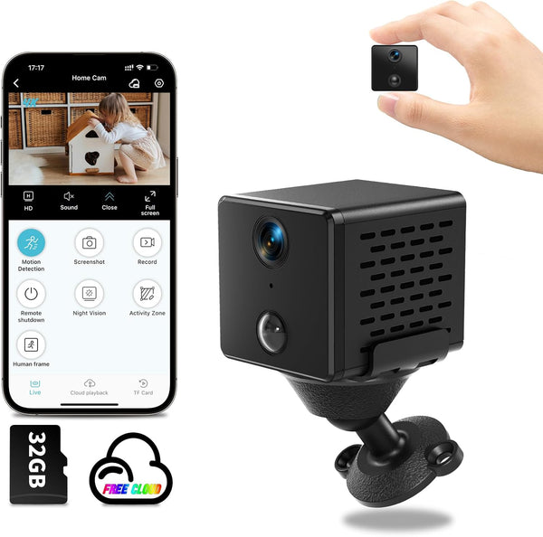 WiFi Mini Camera, Hidden Spy Camera with Free Cloud Storage & 32G SD Card, 4K HD, AI Motion Detection