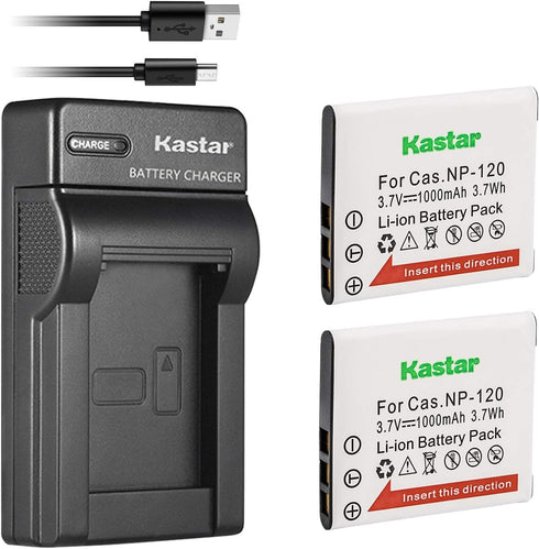 Kastar Battery (X2) & Slim USB Charger for Cas NP-120, NP120, CNP120 and Cas Exilim Digital Cameras