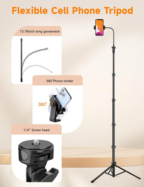 Victiv 86" Phone Tripod, Tall Tripod for iPhone with Flexible Gooseneck & Remote, Portable Aluminum Cellphone Stand