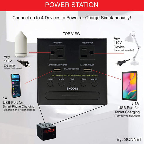 Sonnet Alarm Clock Charging Station, AM FM Radio, Dual USB Charging Ports, Dual AC Outlets, Very Loud Alarm Clock for Heavy Sleepers and The Hearing Impaired for Desk, Bedroom by SoNNeT