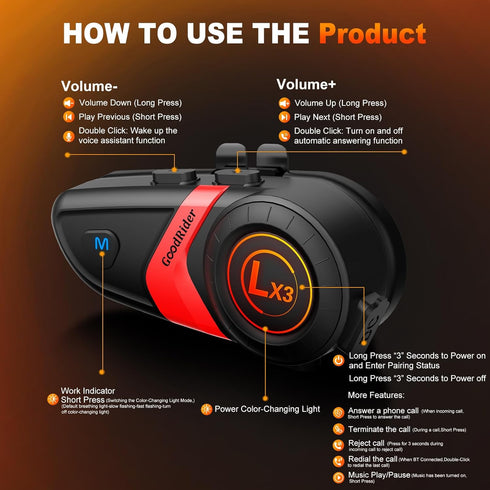 Motorcycle Helmet Bluetooth Headset, HiFi Sound Speakers with IP67 Waterproof, Long Lasting Headphone with Dual