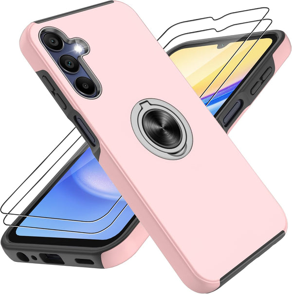 Samsung Galaxy A15 5G Case with 2 Screen Protectors, 360° Magnetic Ring Holder Kickstand Phone Case (Pink)