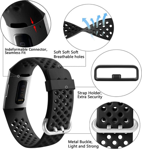 Wepro Black Band Compatible with Fitbit Charge 4/3 for Men and Women, Waterproof Breathable Sport Strap, Small