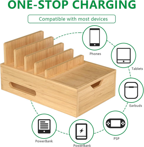 Bamboo Charging Station for Multiple Devices, Desk Organizer with Drawer & Tray, Wood Docking Station, 6 Cables