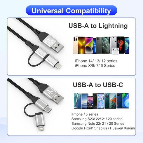 USB to USB-C and Lightning Cable 2 in 1 Coiled Cable, MFi & 3A Fast Charge & Data Sync for iPhone/Android