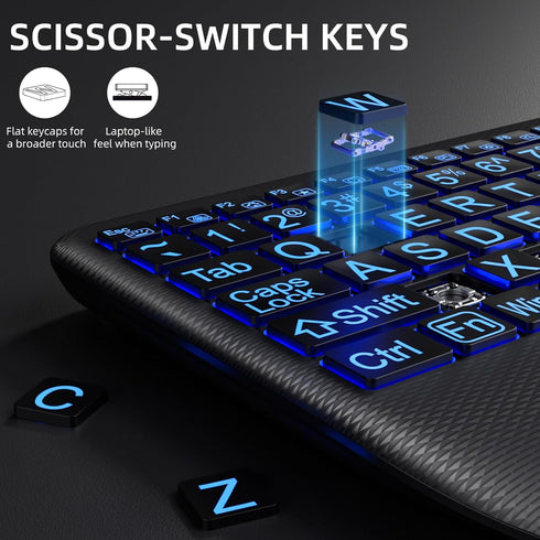 Hamile 7-Color Setting, Large Print Wireless Backlit Keyboard Rechargeable Quiet Low-Profile Keys, Light up with Memory