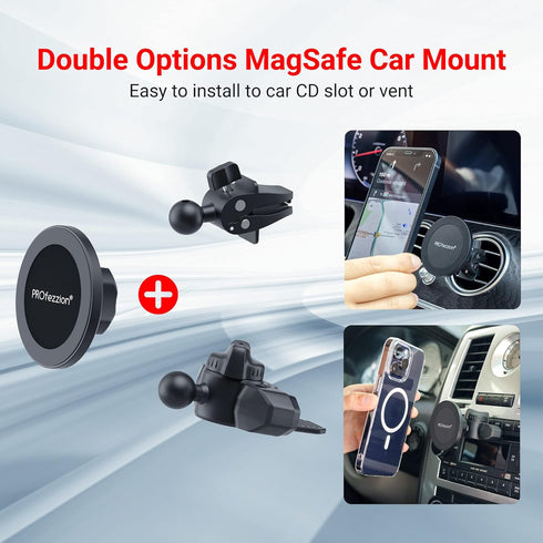 PROfezzion CD Slot & Vent Clip Combo Magnetic Phone Holder Compatible with MagSafe for iPhone 15 14 13 12 Pro Max Plus,