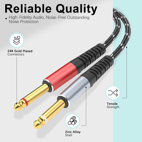 Lightning to Dual 6.35mm 1/4" TS Mono Stereo Y-Cable Splitter, 3 in 1 Audio Cable