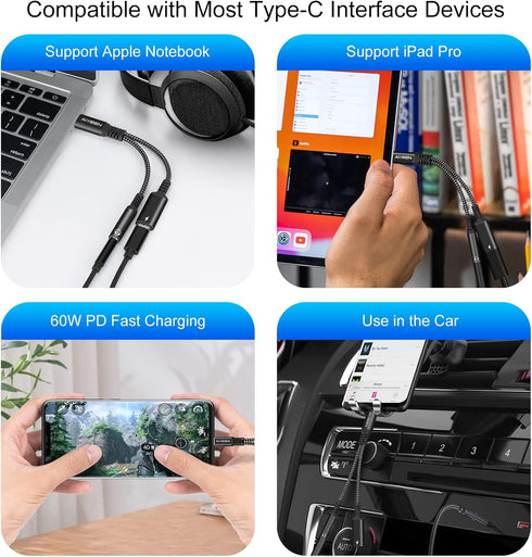2-in-1 USB C to 3.5mm Headphone and Charger Adapter, Quick Charging Port to Aux Audio Jack for Google Pixel, Samsung