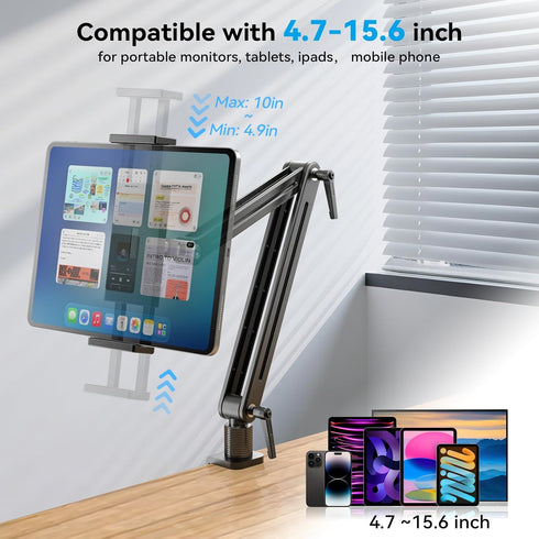 Jakeko 360 Adjustable Tablet Mount for Desk - Degree Rotating Base Tall Arm Holder Stand Swivel Flexible Clamp Soporte