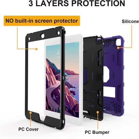 iPad Mini 4/5 Case, Hybrid Three Layer Armor Shockproof Cover with Kickstand, 7.9 Inch (Purple+Black)