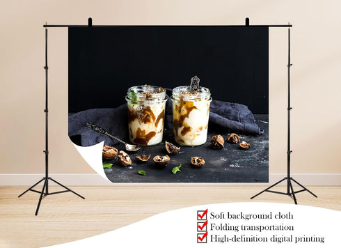 UPXIO 8x8ft Yogurt Parfait with Walnuts Backdrop Caramel Swirl Dessert Photo Background Tapestry for Brunch Party Sweet